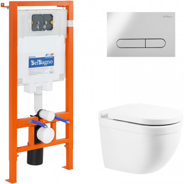 Комплект 4 в 1 Унитаз подвесной BelBagno SENSO-R BB017CHR с сиденьем BB865SC + Система инсталляции для унитазов BelBagno BB002-80 с кнопкой смыва BB005-PR-CHROME